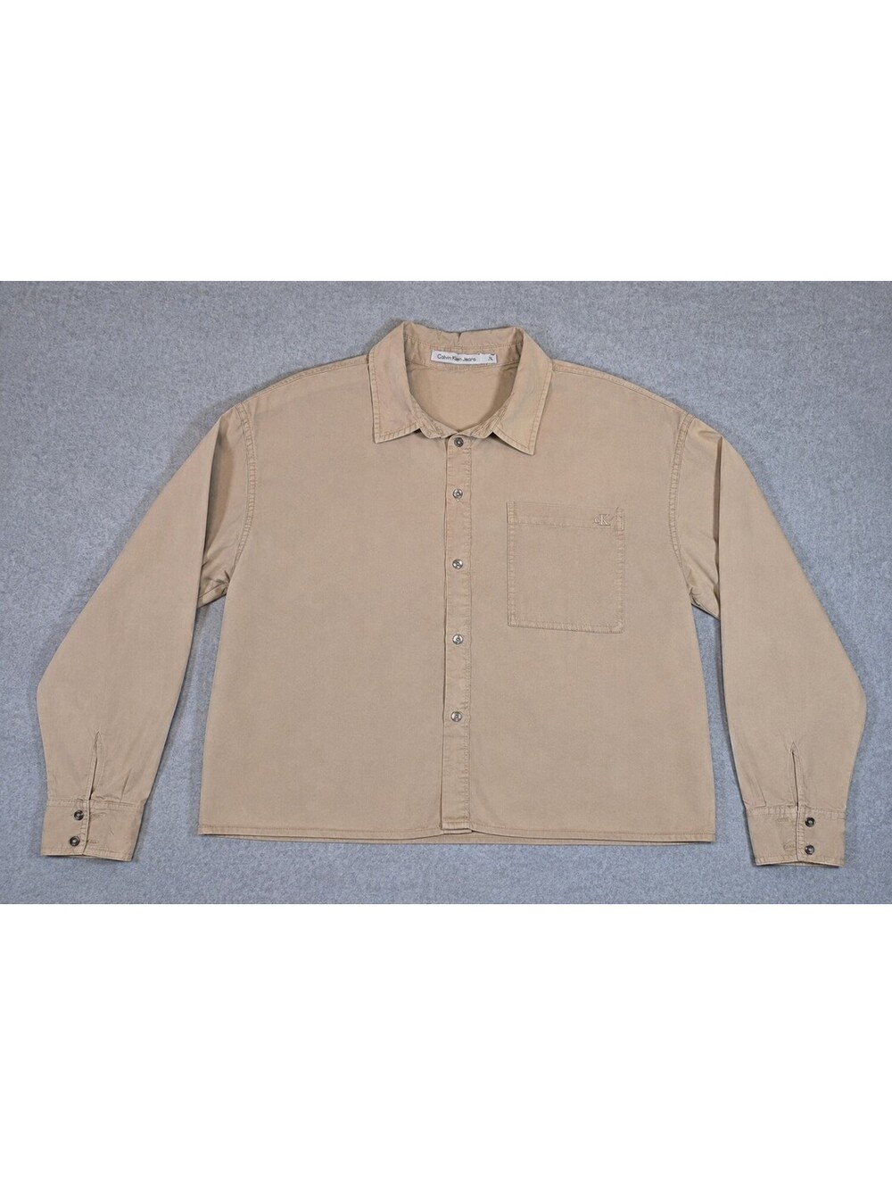 Calvin Klein Jeans Women’s Cropped Button-Up Shirt Tan Khaki Size Medium